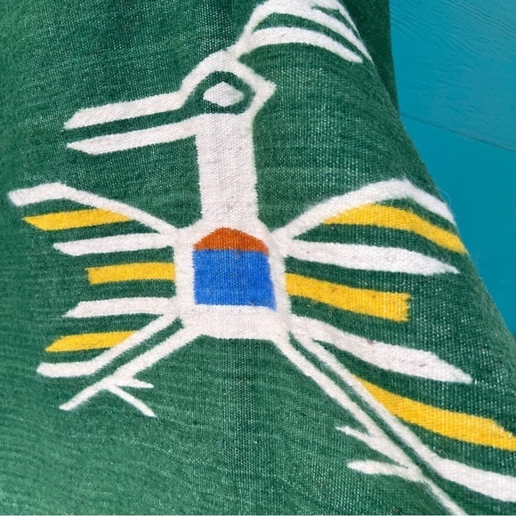 VINTAGE WOOL HAND LOOMED ROADRUNNER BIRD GREEN PONCHO EUC OSFA - Picture 6 of 7